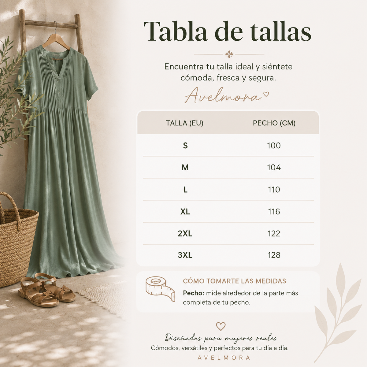 Vestido verde salvia y tabla de tallas con medidas de pecho y talla