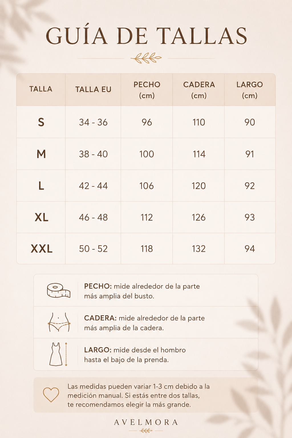 Guía de tallas Avelmora con tabla de medidas en centímetros