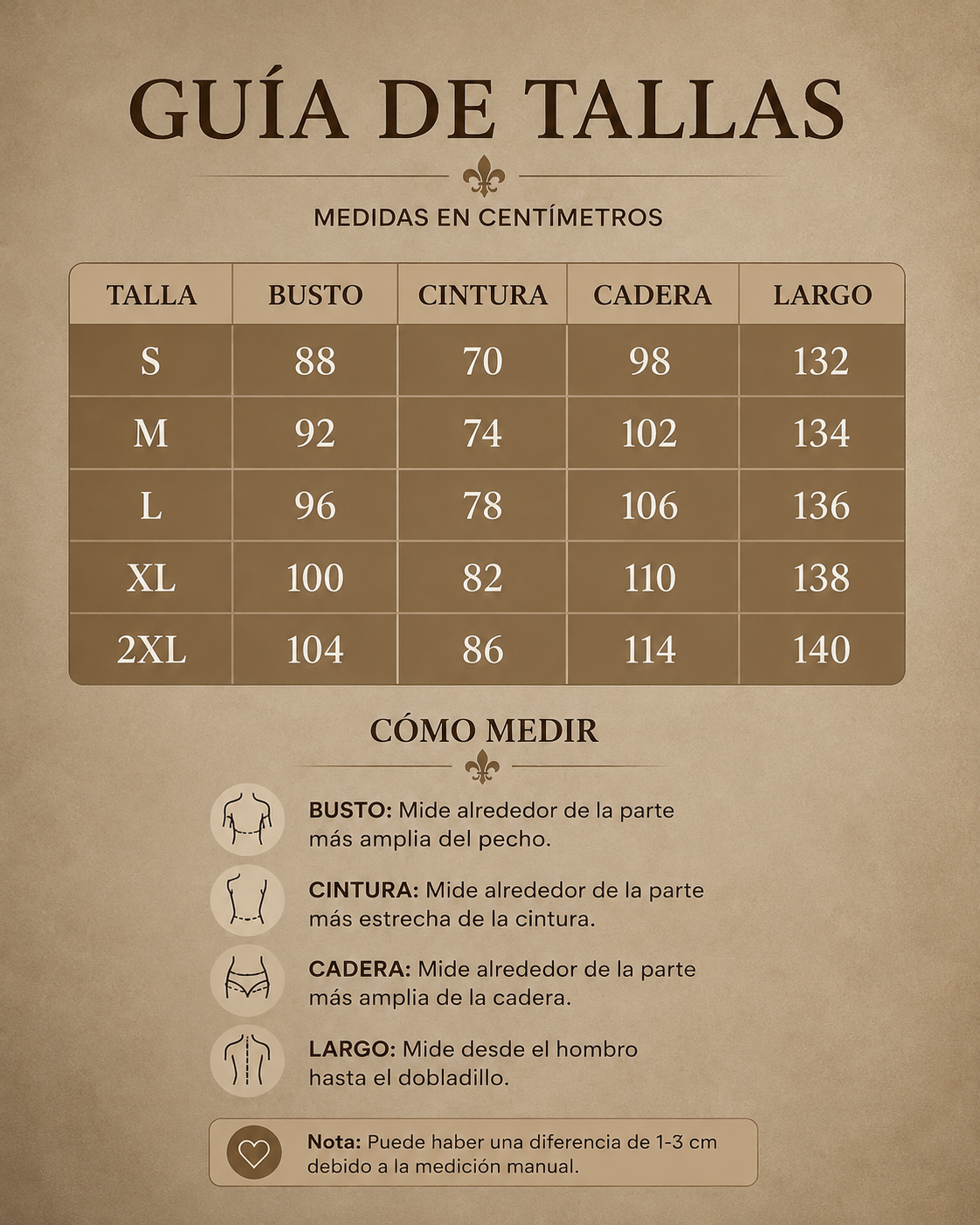 Guía de tallas del vestido en centímetros: busto, cintura, cadera y largo.