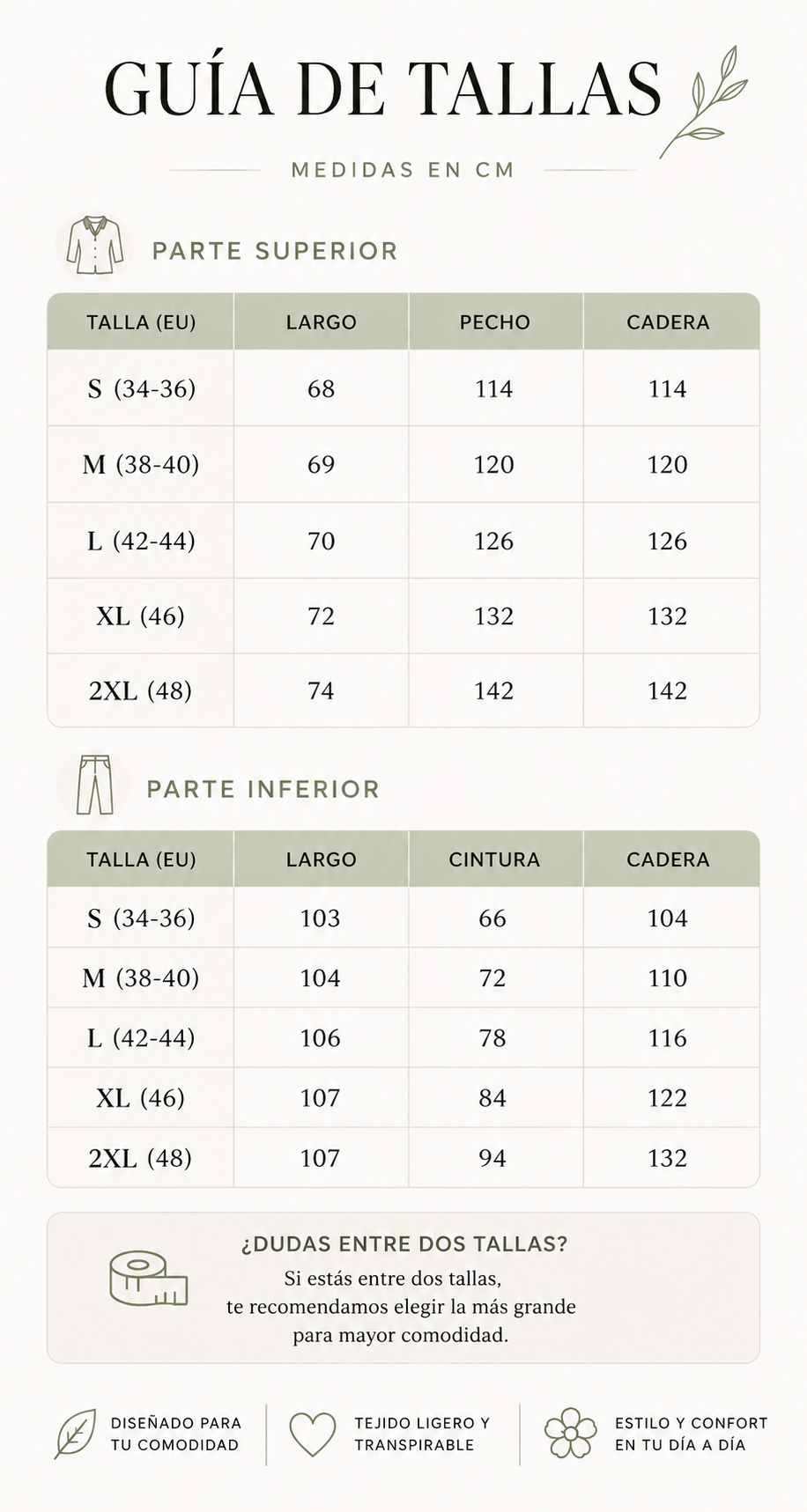 Guía de tallas con medidas de blusa y pantalón por talla (EU)