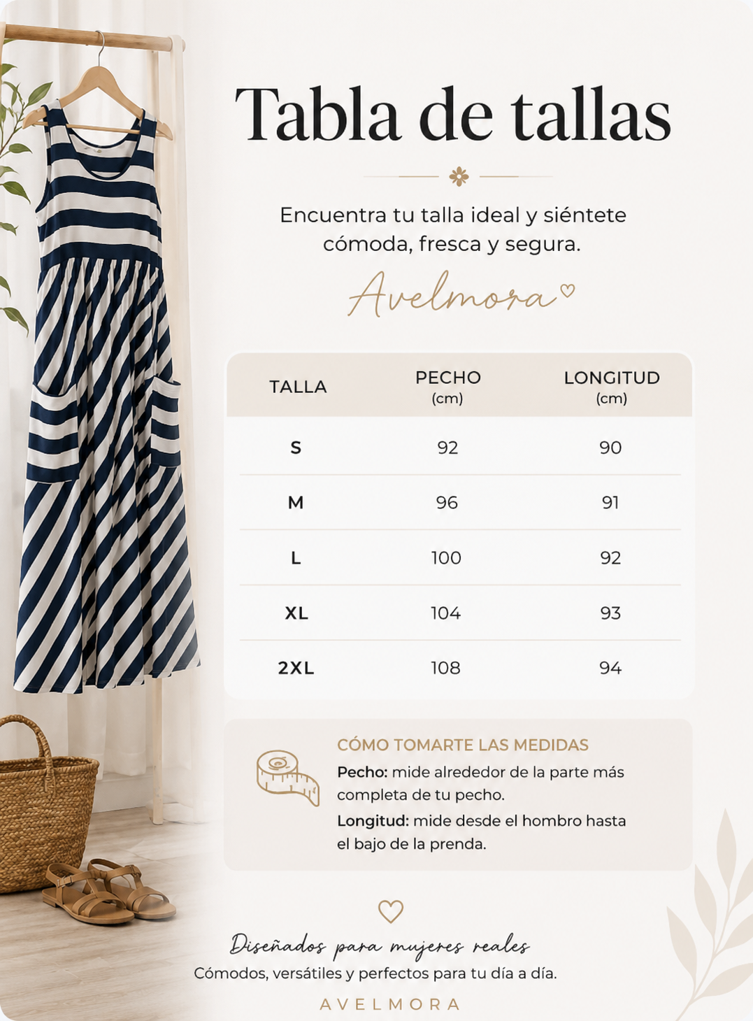 Tabla de tallas con medidas de pecho y longitud del vestido