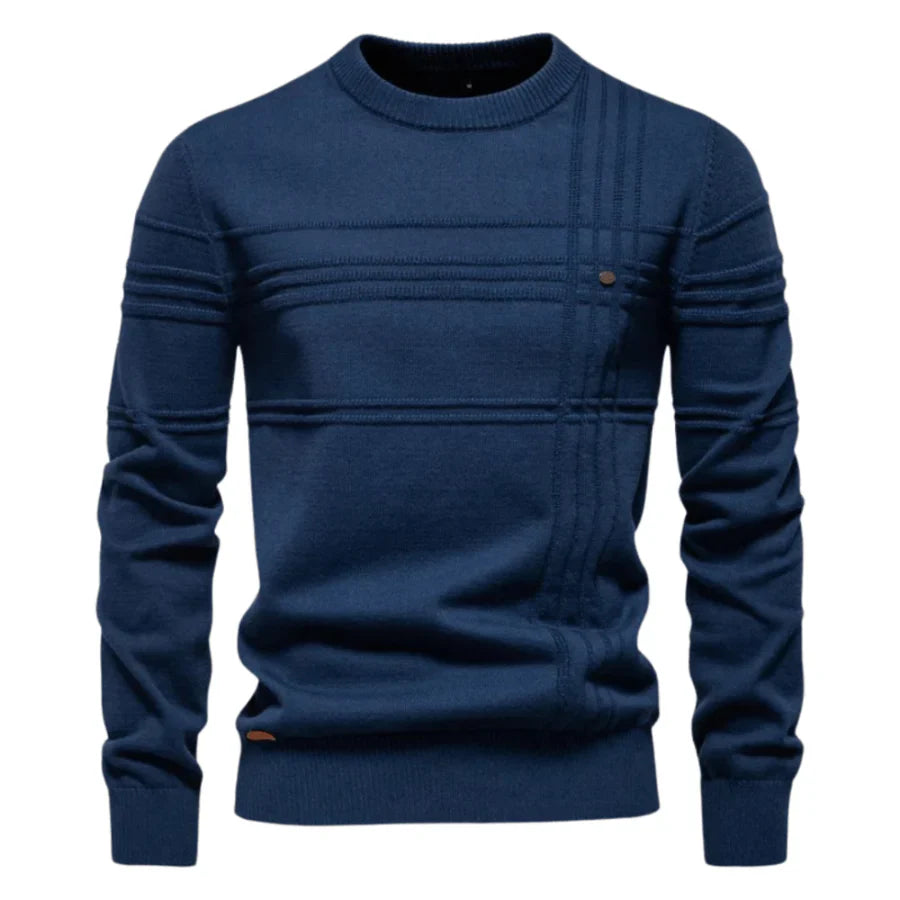 Jersey Alex azul marino de hombre, punto con franjas y bolsillo tipo parche en el pecho.