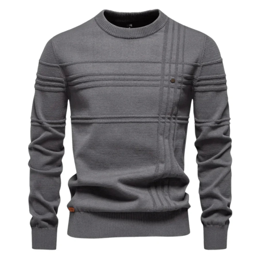 Jersey Alex gris oscuro de punto con cuello redondo y franjas horizontales frontales.