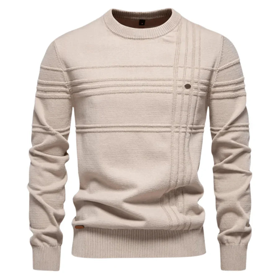 Jersey Alex beige de punto con cuello redondo y franjas decorativas en el frente.