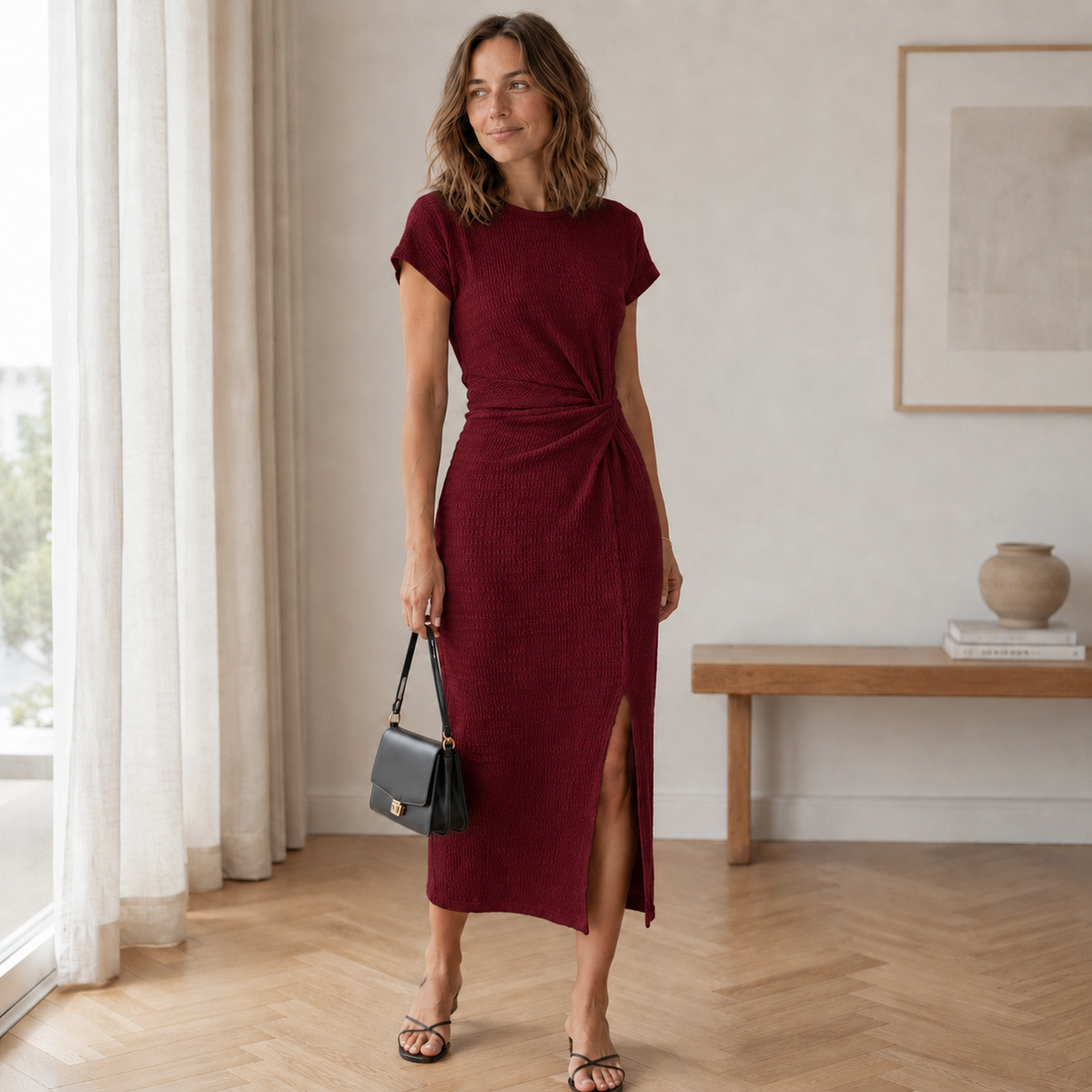 Vestido midi de punto burdeos con nudo en la cintura y abertura lateral