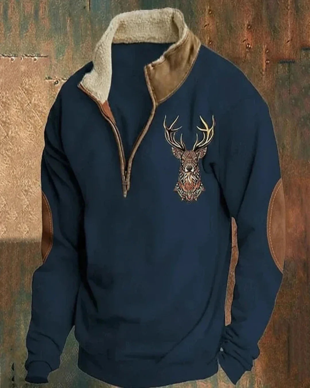 Jersey tipo sudadera azul con media cremallera, cuello de borreguillo y ciervo bordado
