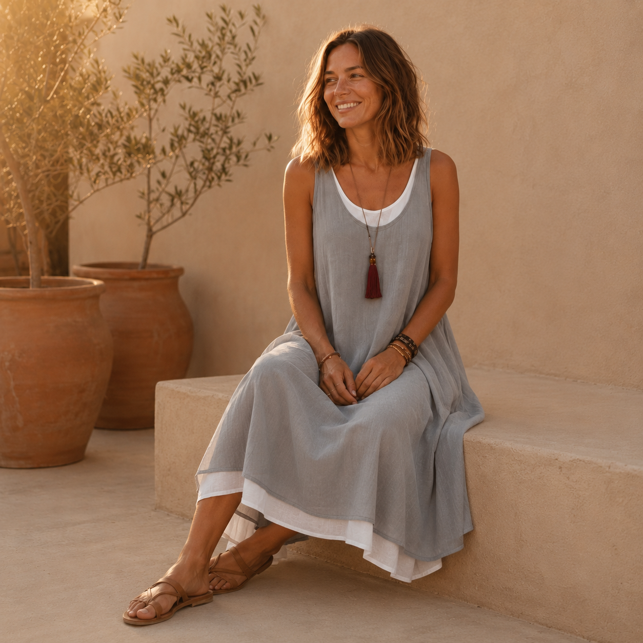 Vestido de tirantes gris con capa interior blanca y collar con flecos rojos