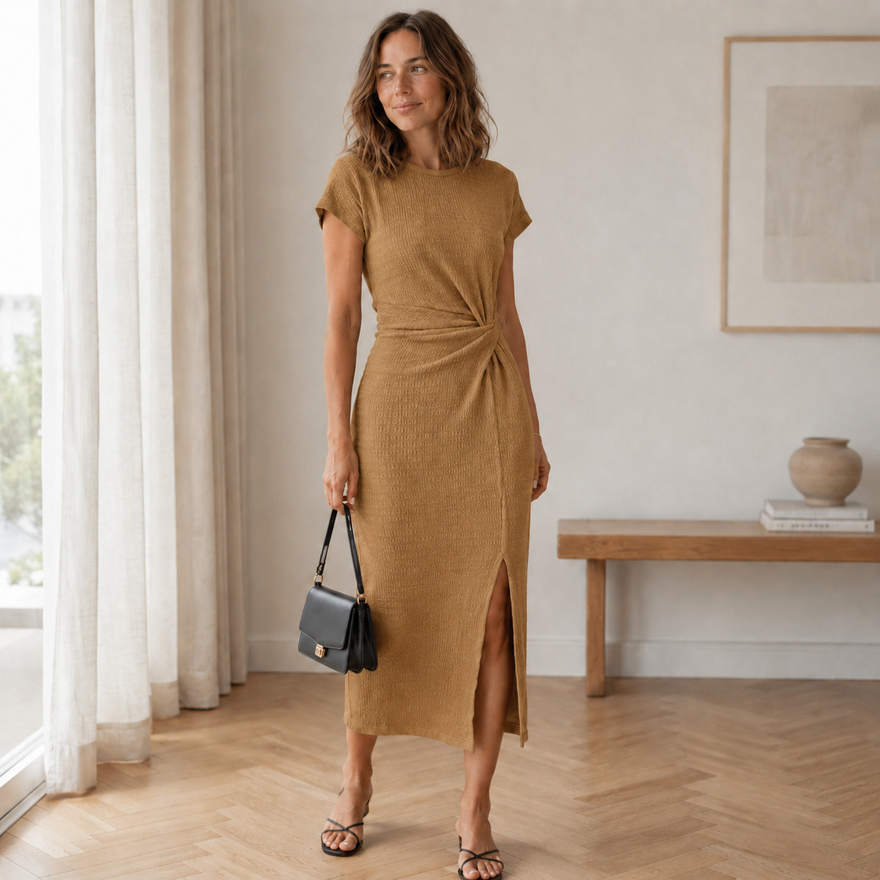 Vestido midi de punto caqui, nudo al frente y abertura lateral
