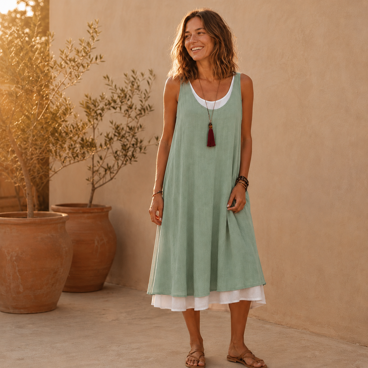 Vestido de tirantes verde con capa interior blanca y collar colgante