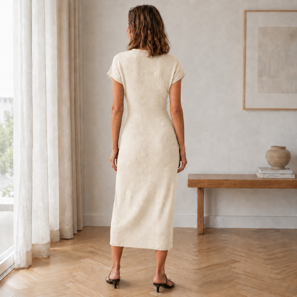 Vestido midi de punto beige con caída recta y vista trasera