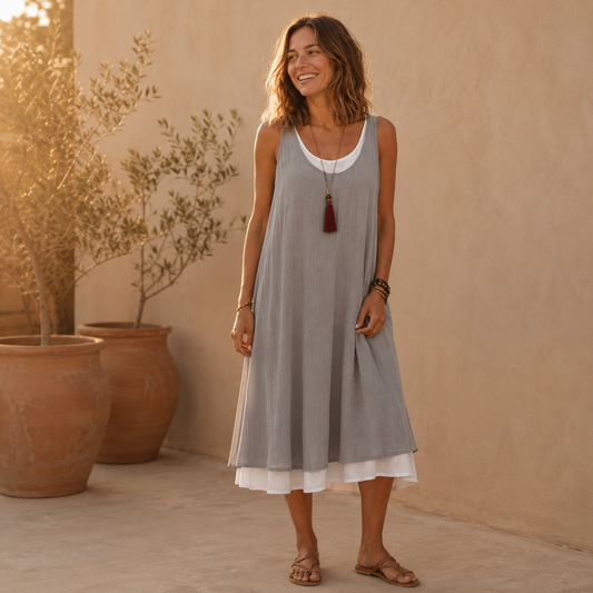 Vestido de tirantes gris con capa interior blanca y dobladillo ligero
