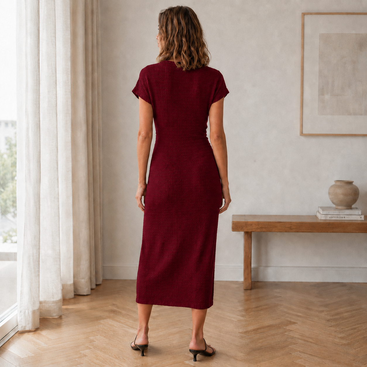 Vestido midi de punto burdeos con caída recta y vista trasera