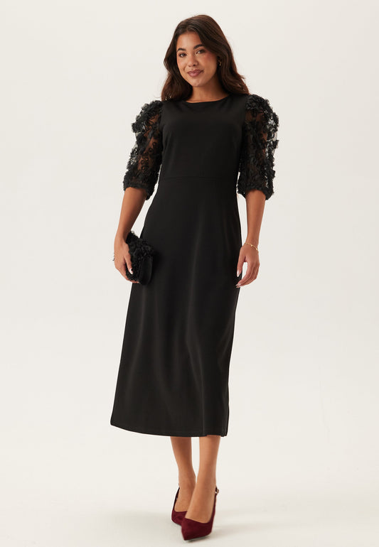 3D Floral Sleeve Midi Dress