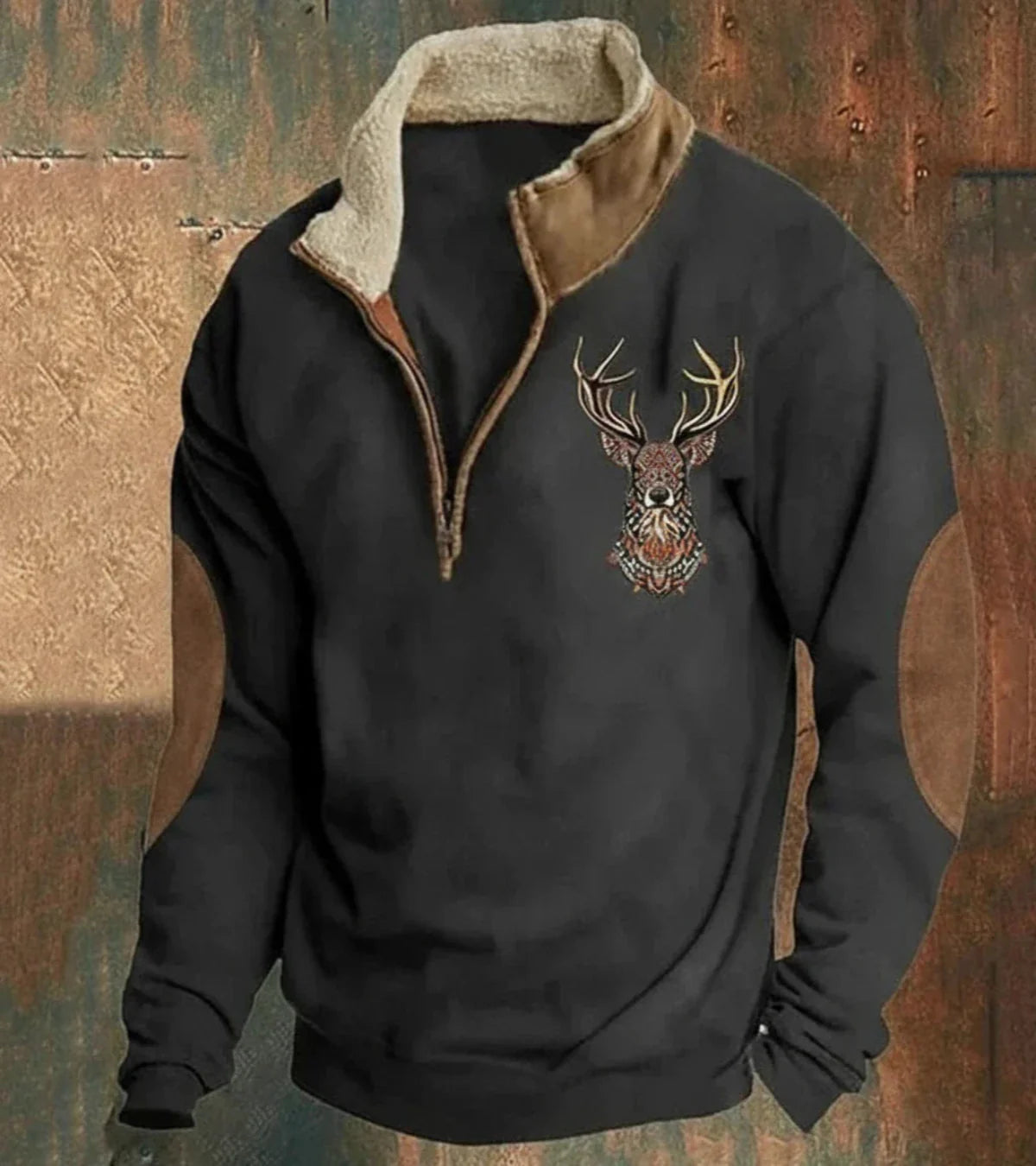 Jersey tipo sudadera negro con media cremallera y cuello sherpa, ciervo bordado